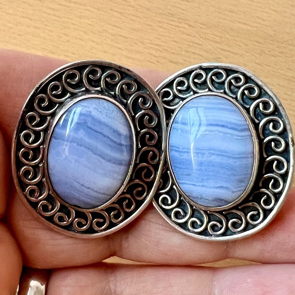 ECHO OF THE DREAMER OVERSIZED BLUE LACE AGATE STERLING SILVER EARRINGS STATEMENT - Picture 15 of 16